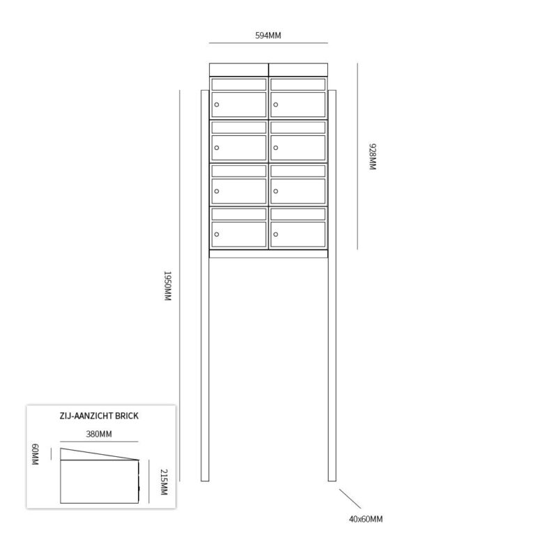 Brievenbus Brick 2-breed, 4-hoog met dak op statief zwart