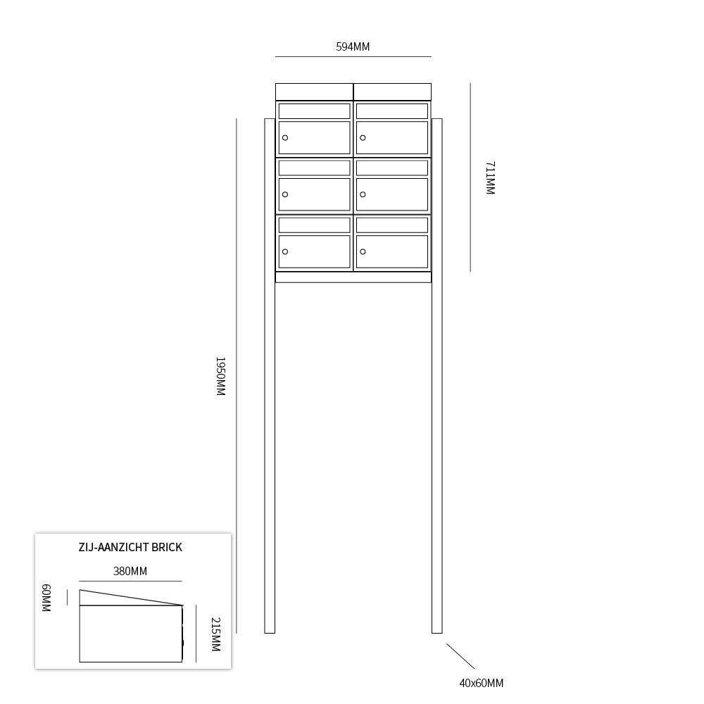 Brievenbus Brick 2-breed, 3-hoog met dak op statief zwart